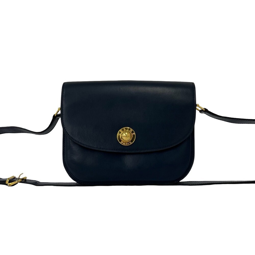 CELINE Vintage Starball Logo Hardware Leather Mini Shoulder Bag Pouch Navy 24287